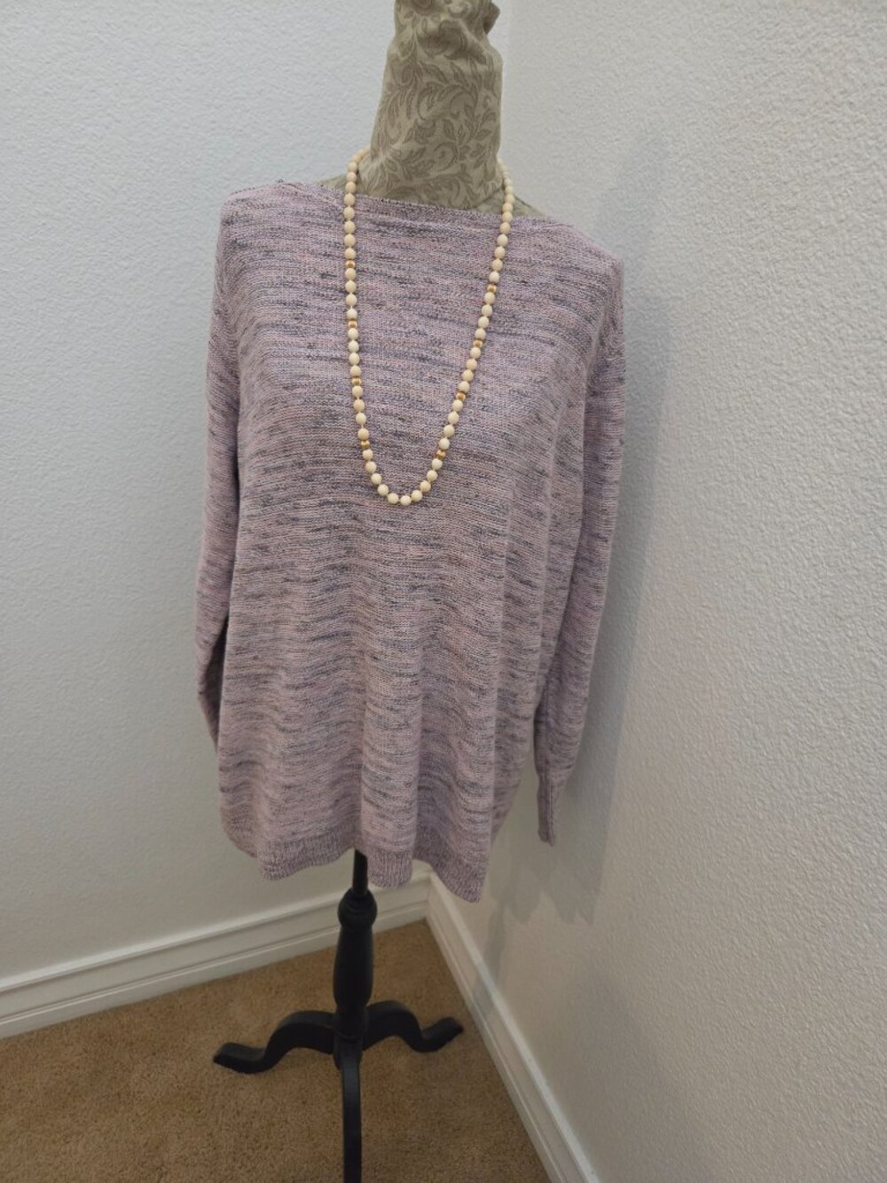 J. Jill Heathered Pink Crew Neck Sweater & Necklace